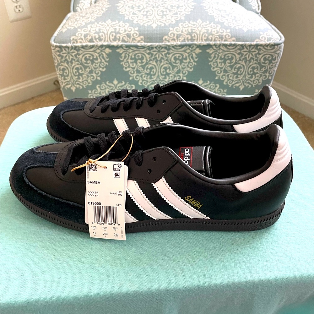 Adidas Samba Black, white stripes and black soles. Size 11 NWT
